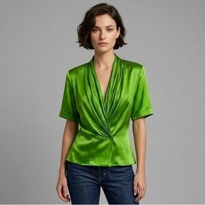 Vintage Kelly Green Drape Collar Short Sleeve Silk Tunic Blouse - 10 🇨🇦